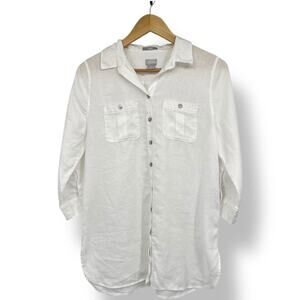 Chico's Linen Button Up Tunic‎ Blouse 3/4 Sleeve White Top Women's 0 XS